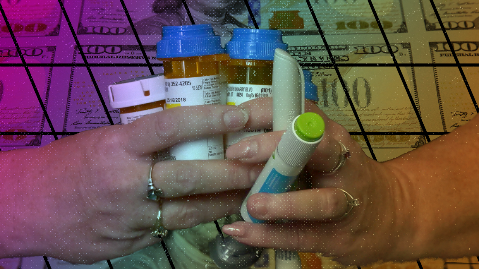 A woman's hands hold medications over a background of $100 United States bills.