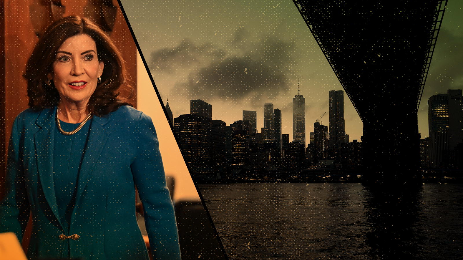 Gov. Kathy Hochul at the New York state Capitol & the Manhattan skyline seen from under the Manhattan Bridge. (AP Photos)