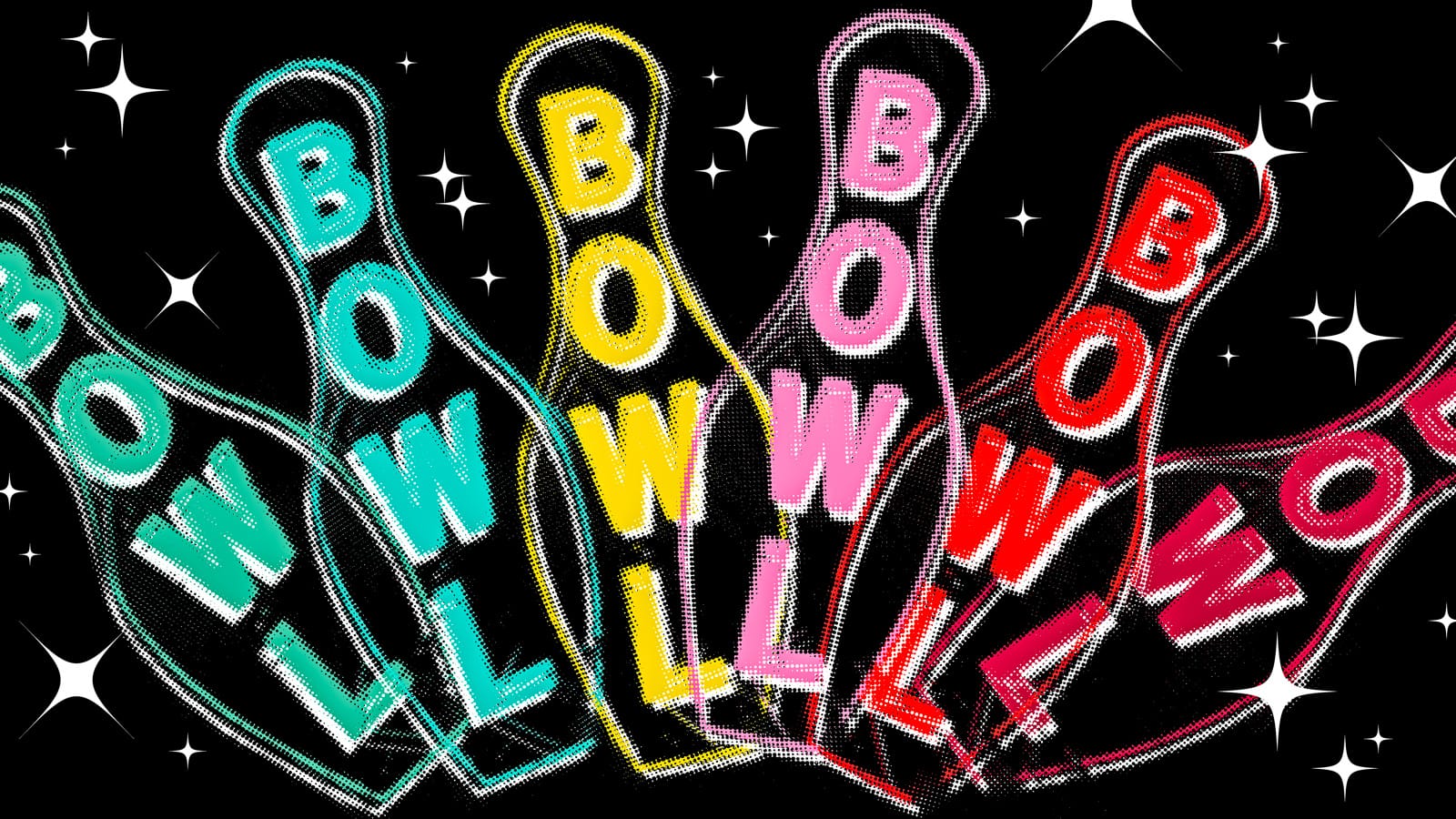 A colorful illustration of bowling pins that each say "bowl."
