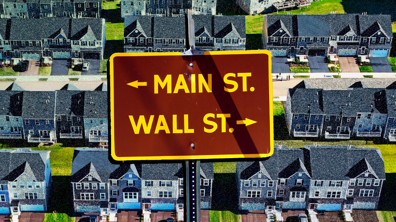 A photo of a street sign is laid over an image of a single-family home housing development.