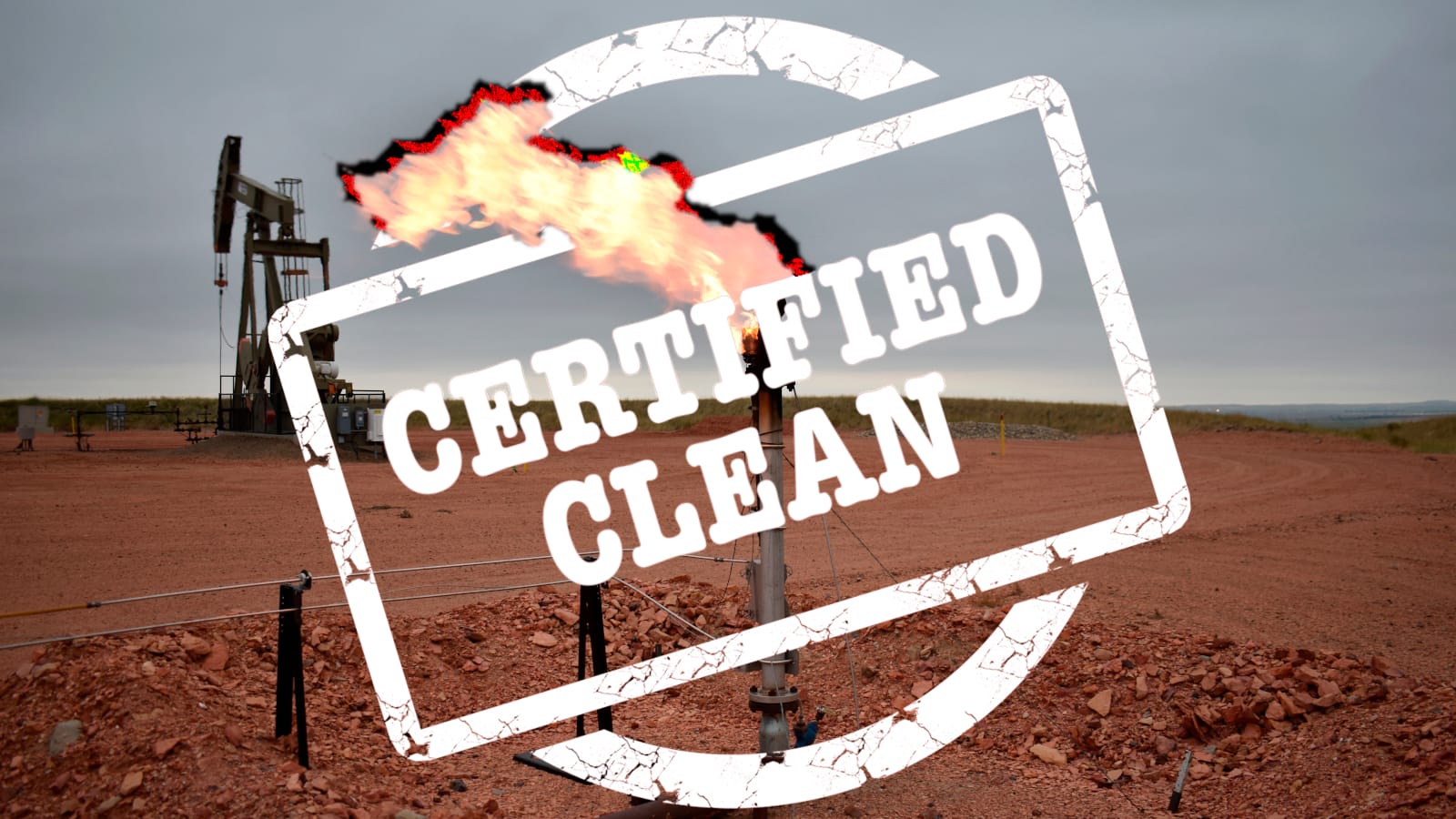 A photo of a flare burns excess methane, or natural gas, from crude oil production, overlaid with a “certified clean” logo.
