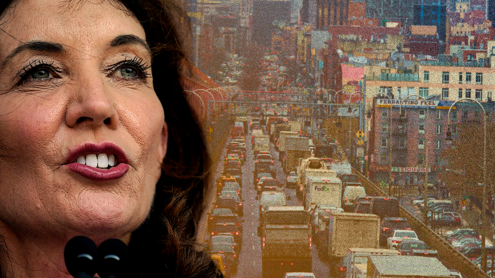 A photo of New York Gov. Kathy Hochul speaking overlaid on an image of traffic congestion in New York City.