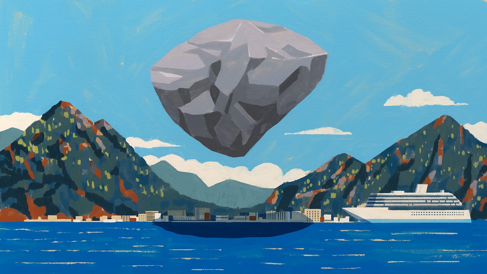 A hand-made illustration of a giant boulder hanging over a coastal town surrounded by mountains in Alaska.
