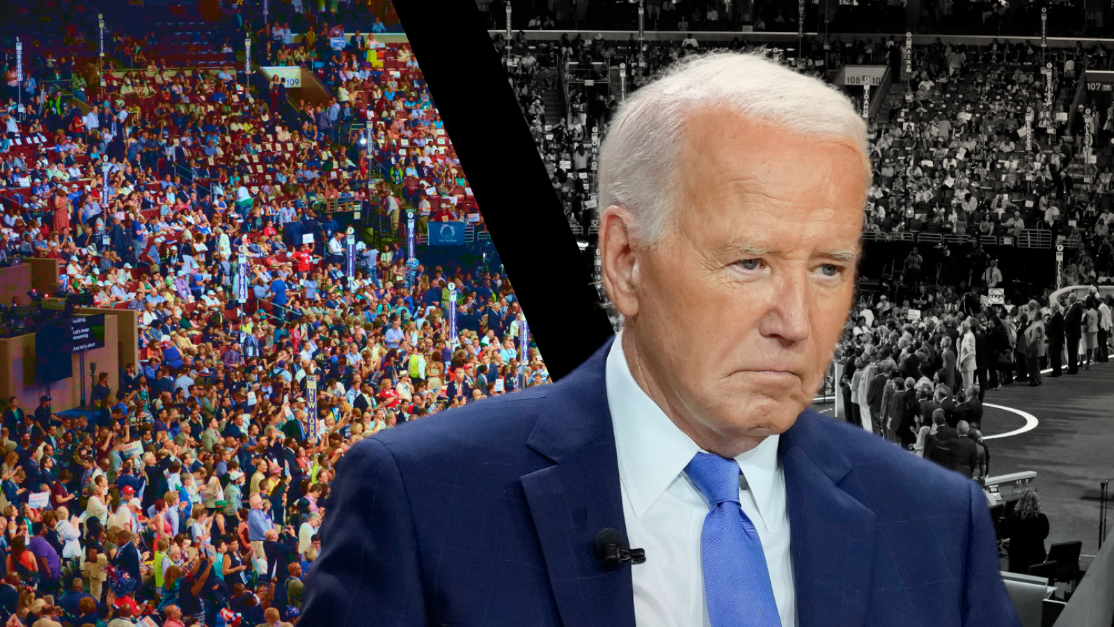 A photo of President Biden looking unhappy overlaid on a photo of the 2016 Democratic National Convention.