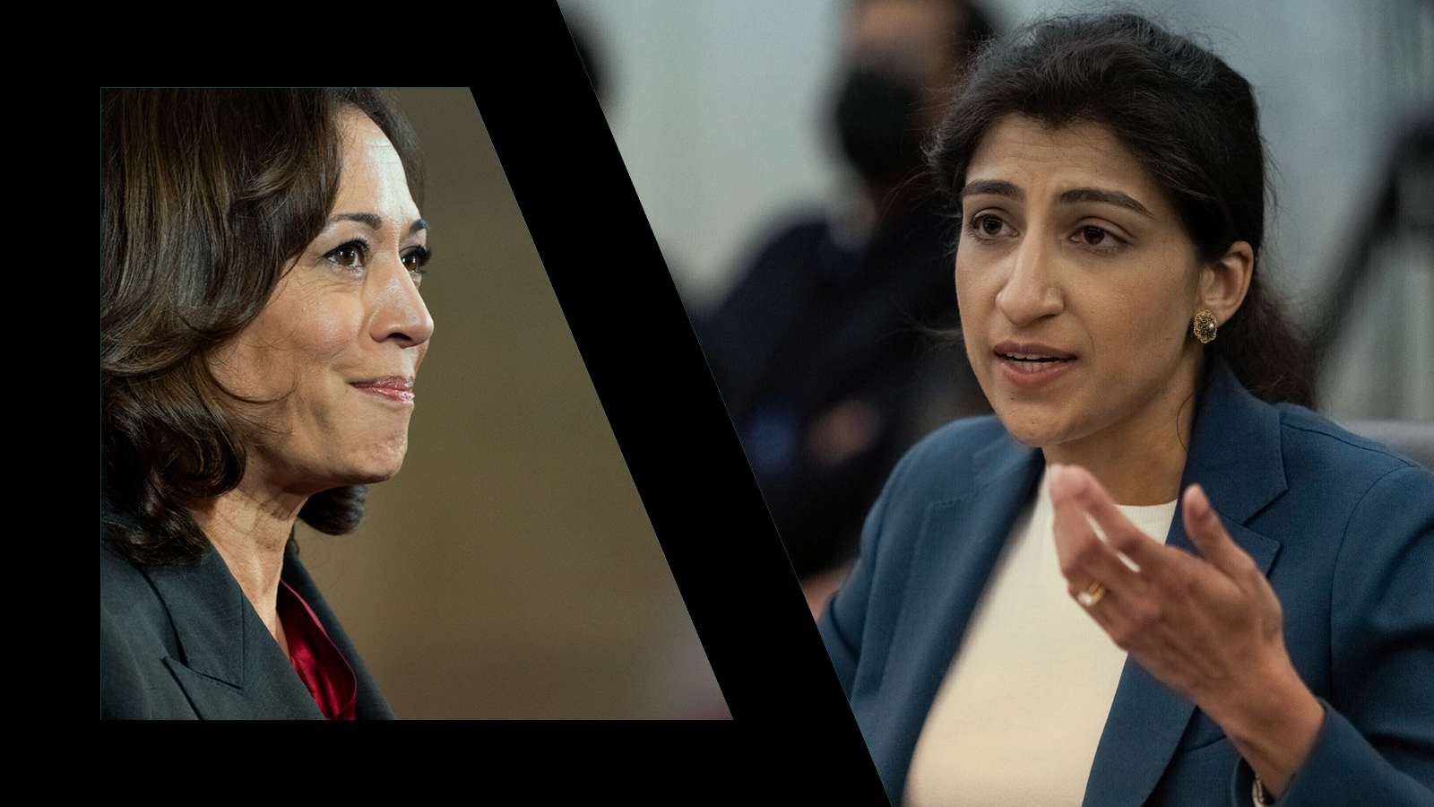 A photo of Kamala Harris smiling on the left, a photo of Lina Khan speaking and gesturing with her hand on the right.