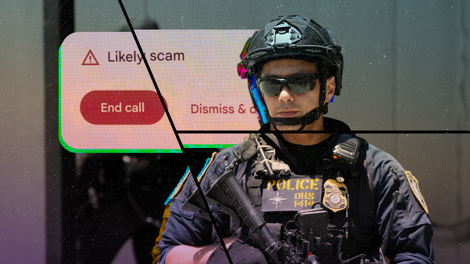 A police officer in tactical gear holds a long gun, overlaid on a screenshot of a scam call alert from a mobile phone screen.