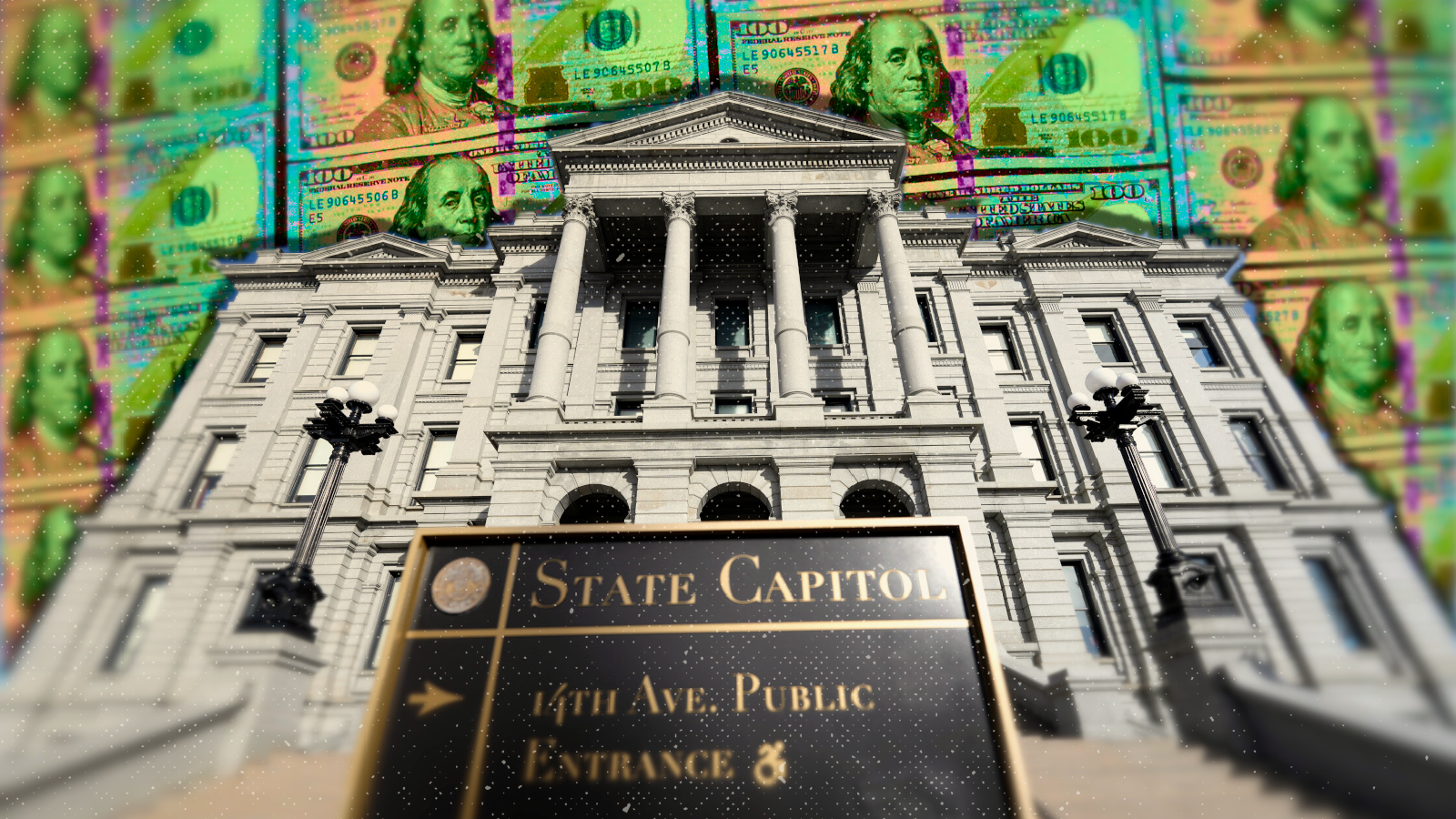 A picture of the Colorado State Capitol in Denver overlain on a photo of sheets of $100 bills.