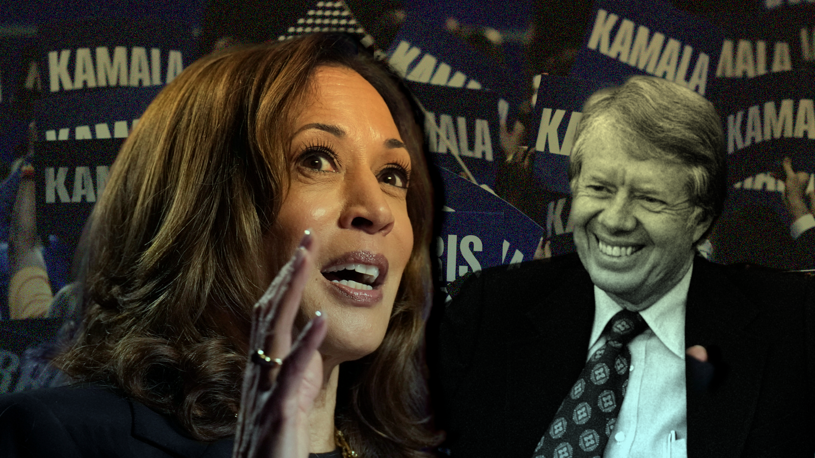 Photos of Kamala Harris and Jimmy Carter are overlaid on a crowd of Harris supporters holding "Kamala" banners.