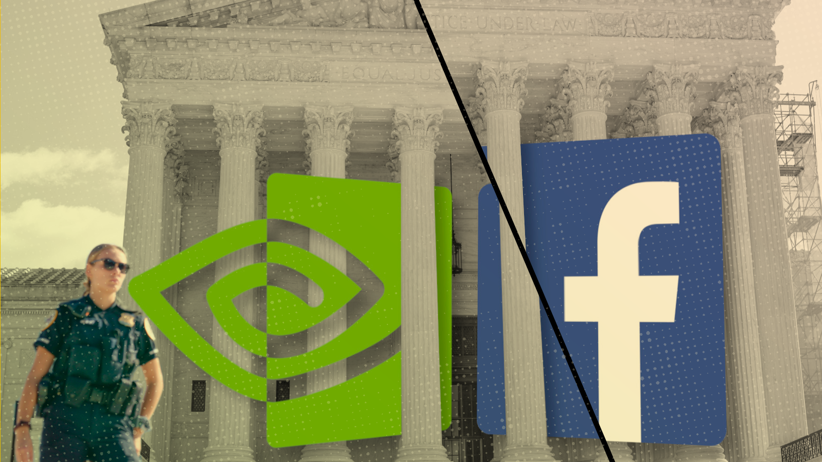 Nvidia and Facebook logos are overlaid on a photo of the Supreme Court building in Washington, D.C.