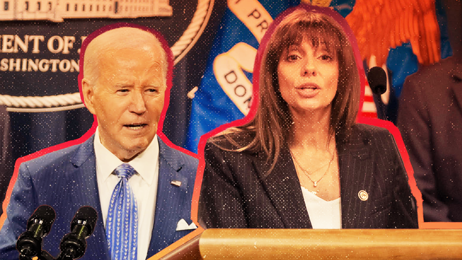 In a composite image, President Joe Biden and Deputy Assistant Attorney General Nicole Argentieri speak to the public.