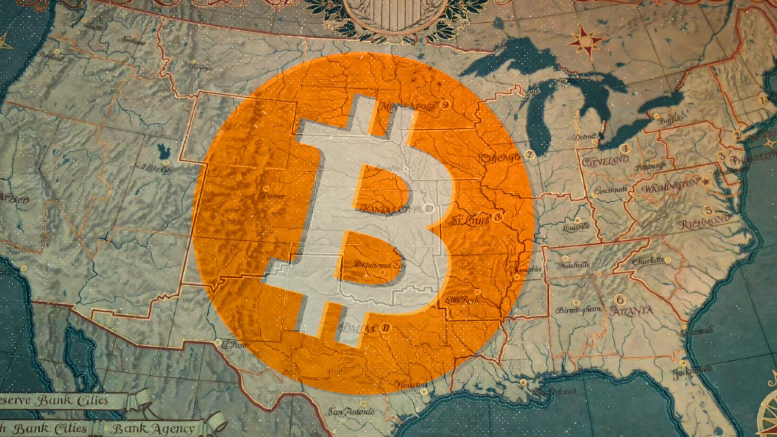 A map of the United States hanging on the wall of the Federal Reserve Building in Washington overlaid with a Bitcoin logo.