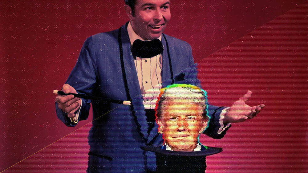 In a composite image, Donald Trump’s head appears from the hat of a magician.