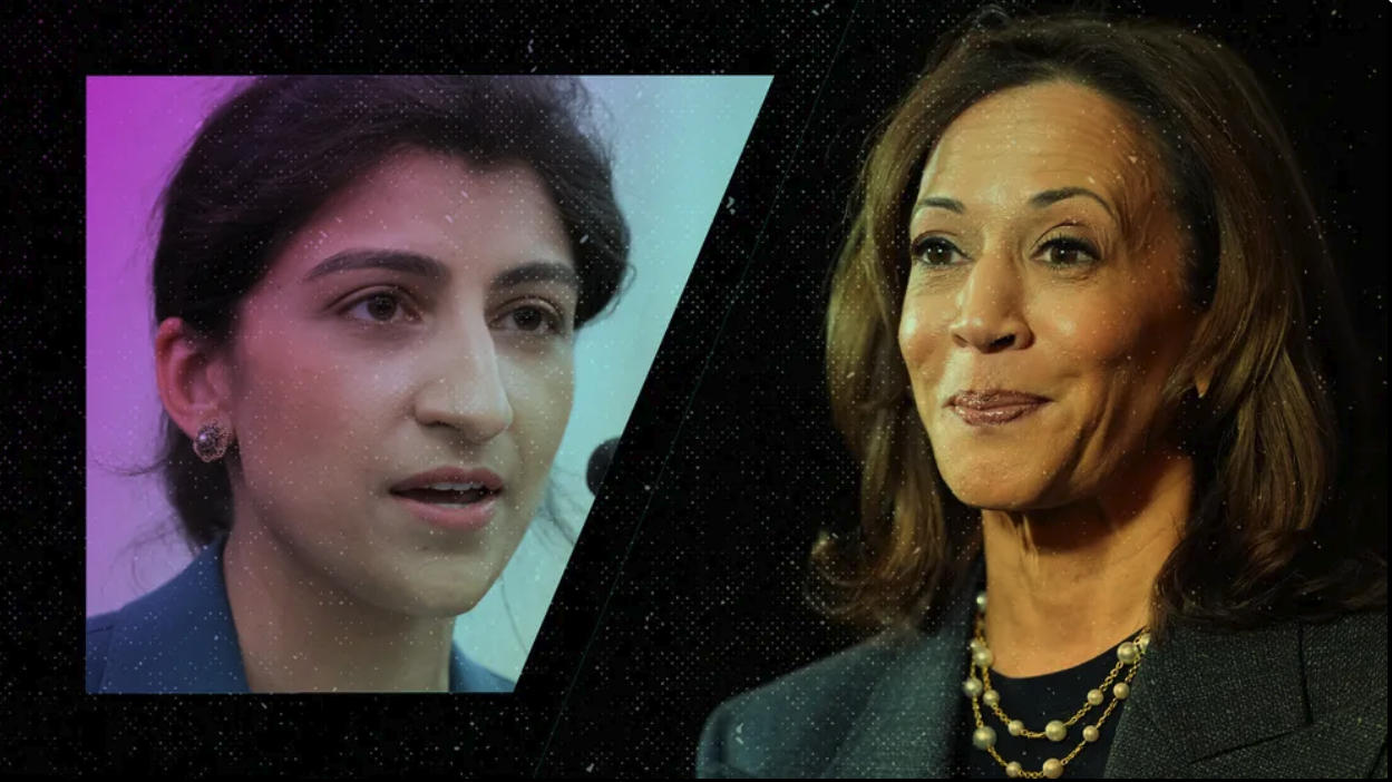 Federal Trade Commission Chair Lina Khan is juxtaposed with Vice President Kamala Harris