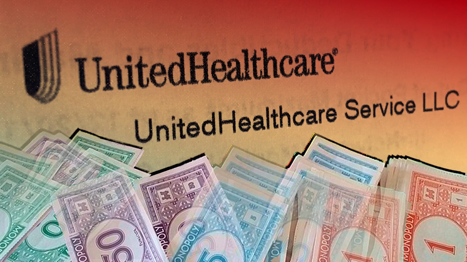 In a composite photo, UnitedHealthcare correspondence is overlaid by money from the board game Monopoly.