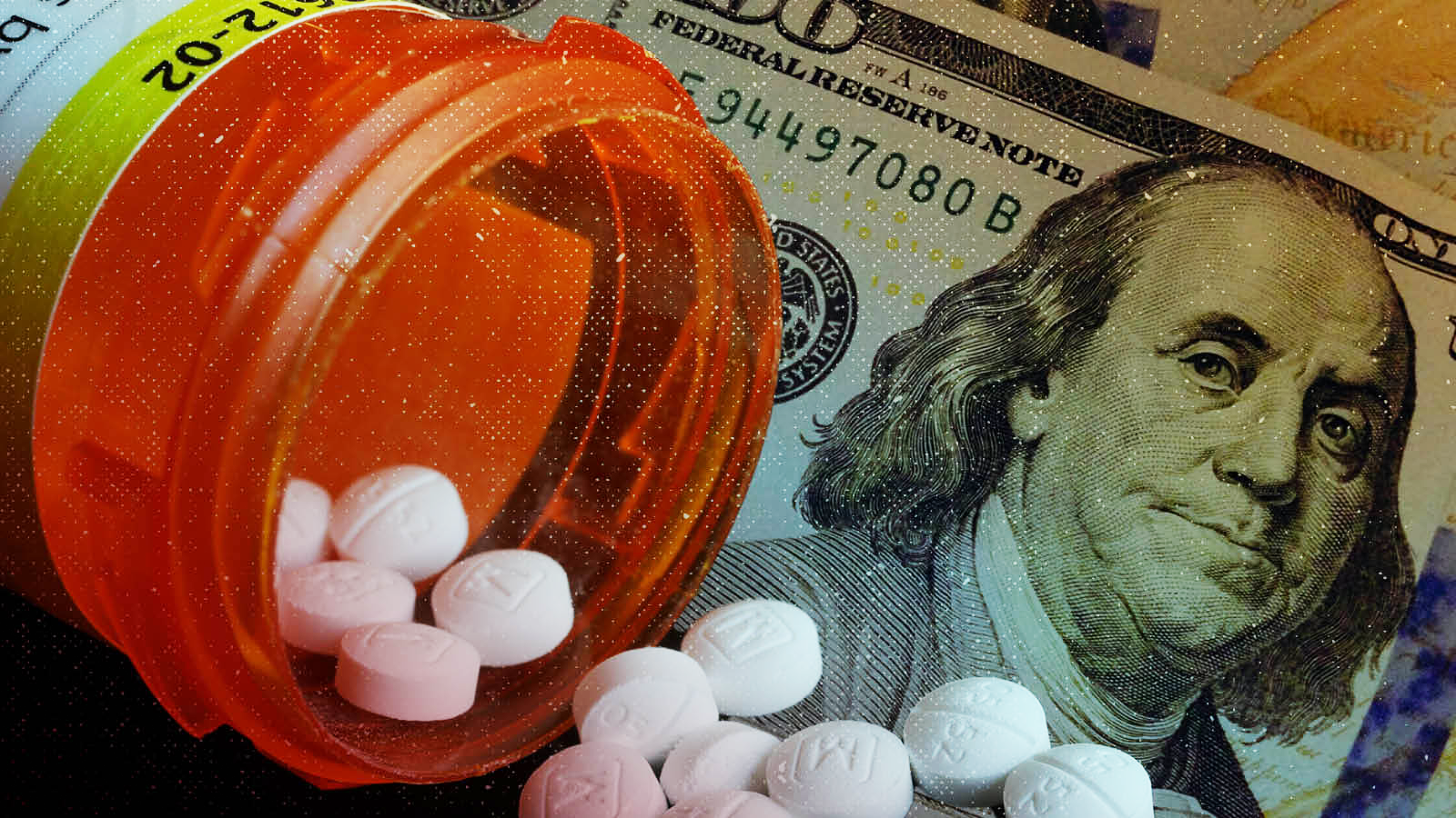 A photo of pills spilling out of a prescription bottle is overlaid on a $100 bill. 