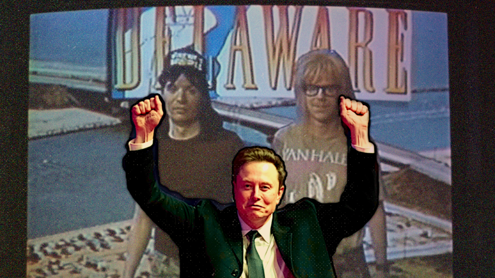 Elon Musk with his arms raised overlaid on a screenshot from Wayne’s World showing a dejected Wayne and Garth in Delaware.