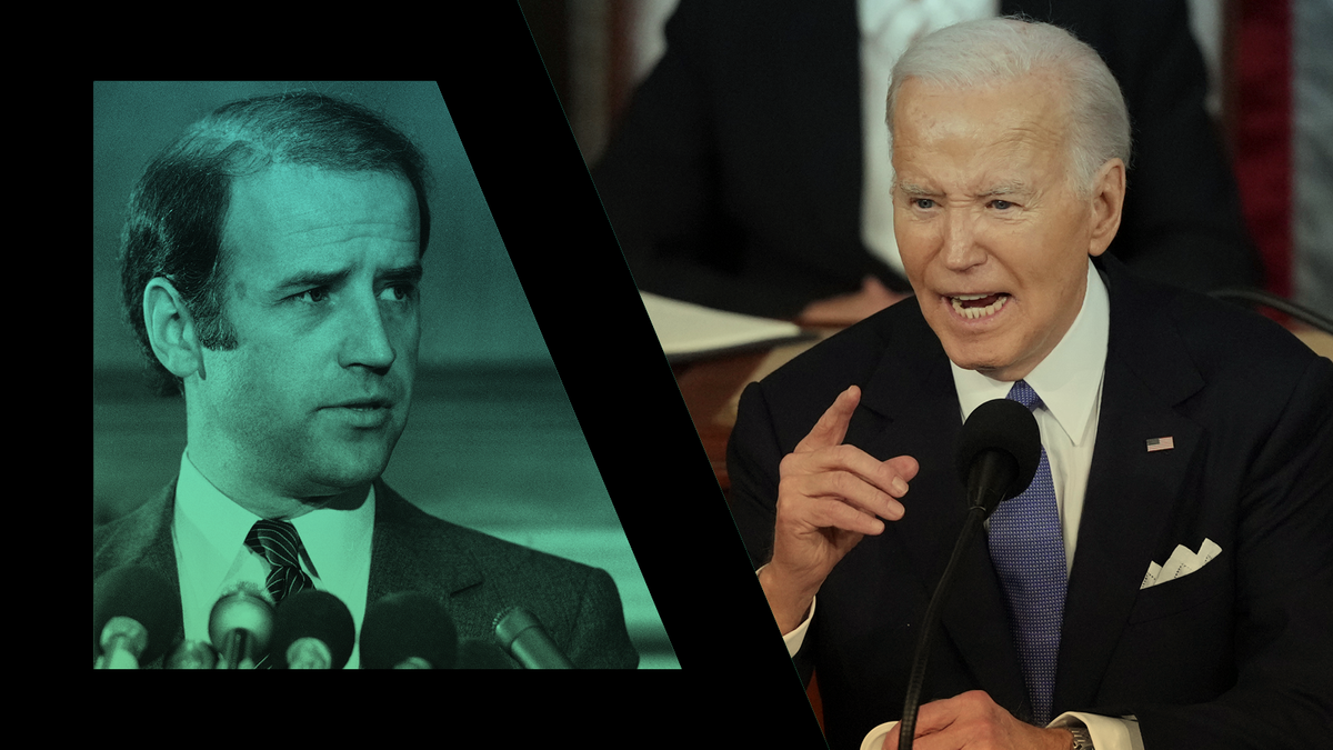 Senator Joseph Biden on Capitol Hill in 1983 and President Joe Biden delivering the State of the Union address in 2024.