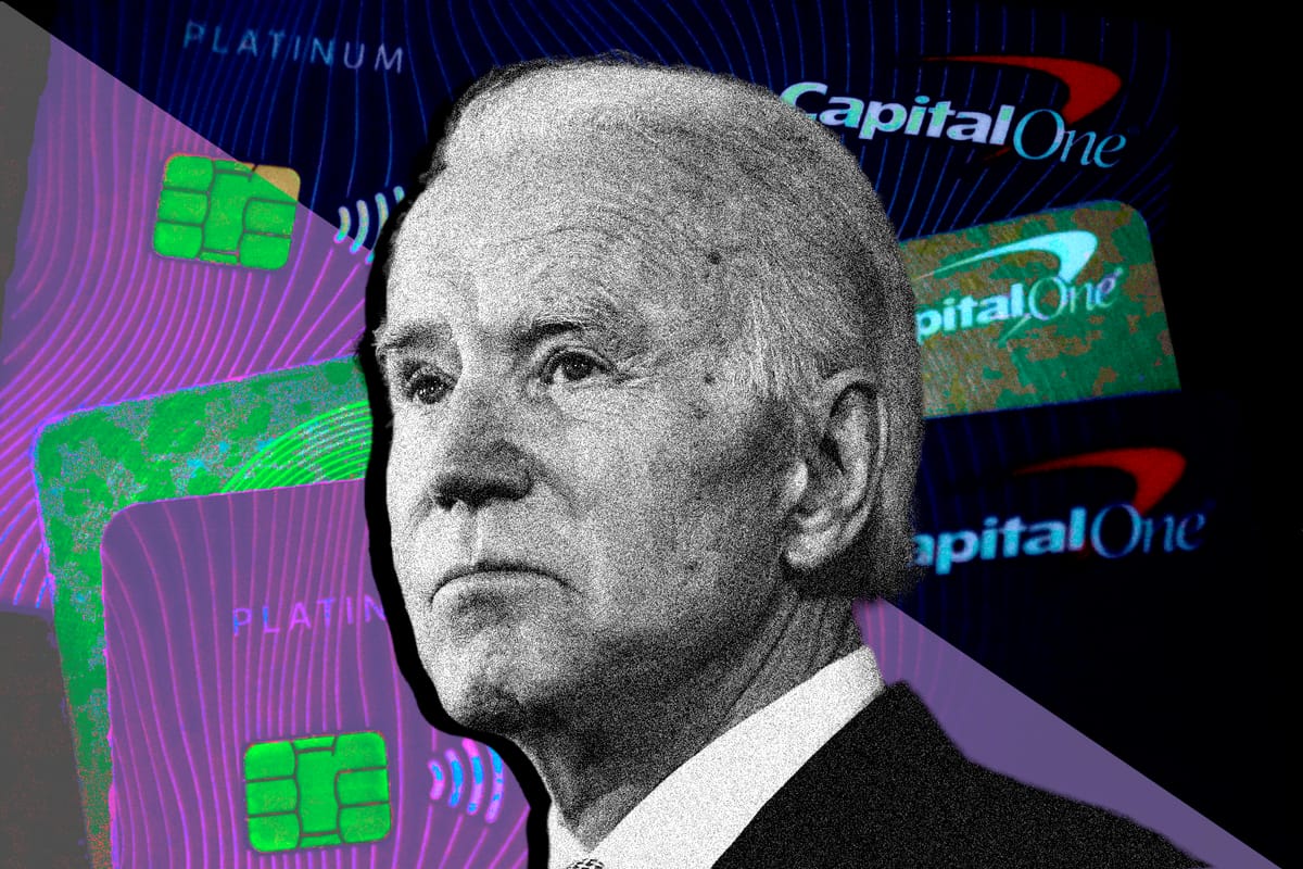 A photo of President Joe Biden overlaid on a photo of Capital One credit cards.