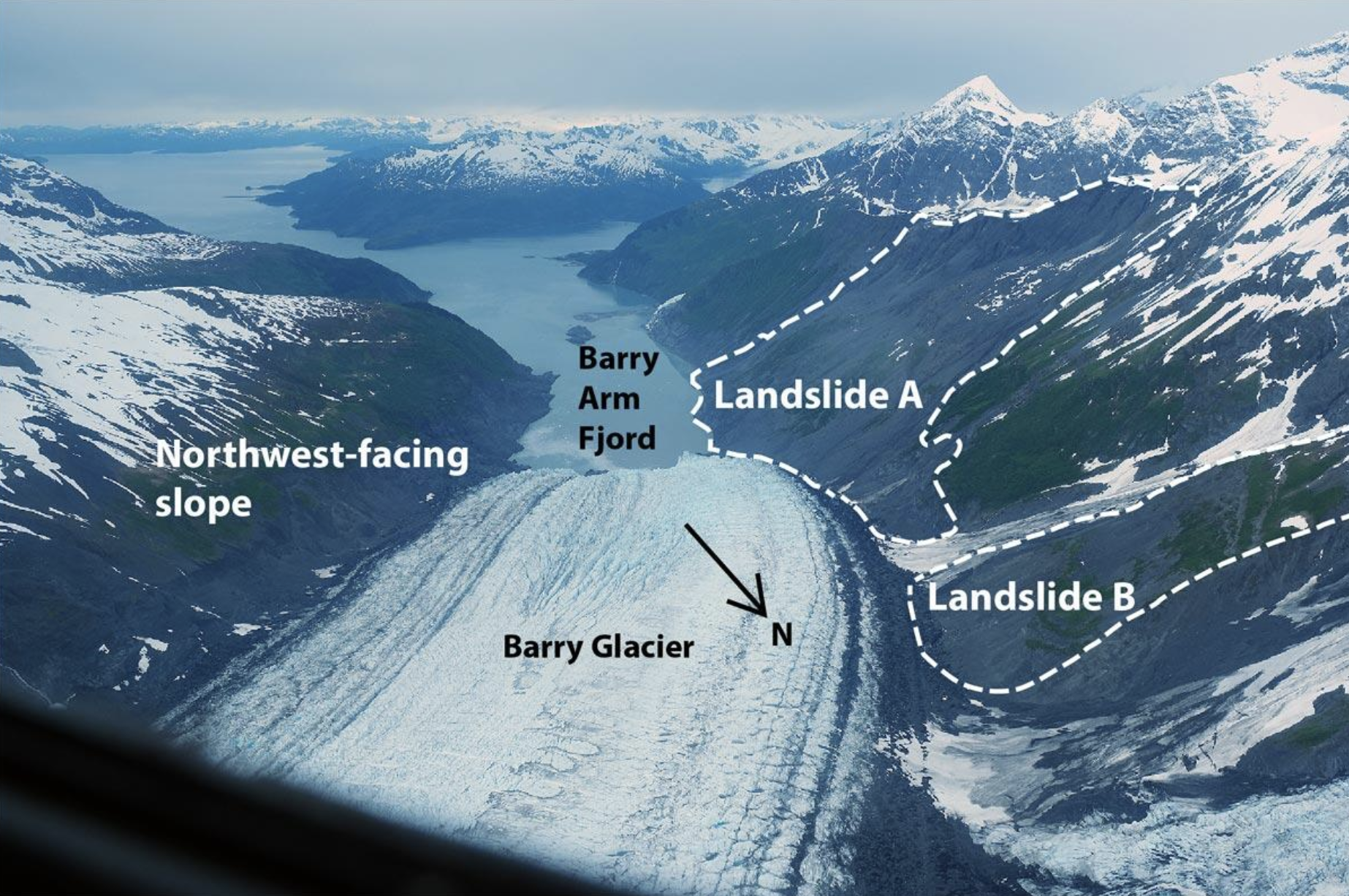An aerial photo shows potential landslide zones that could generate tsunamis near the Barry Glacier.