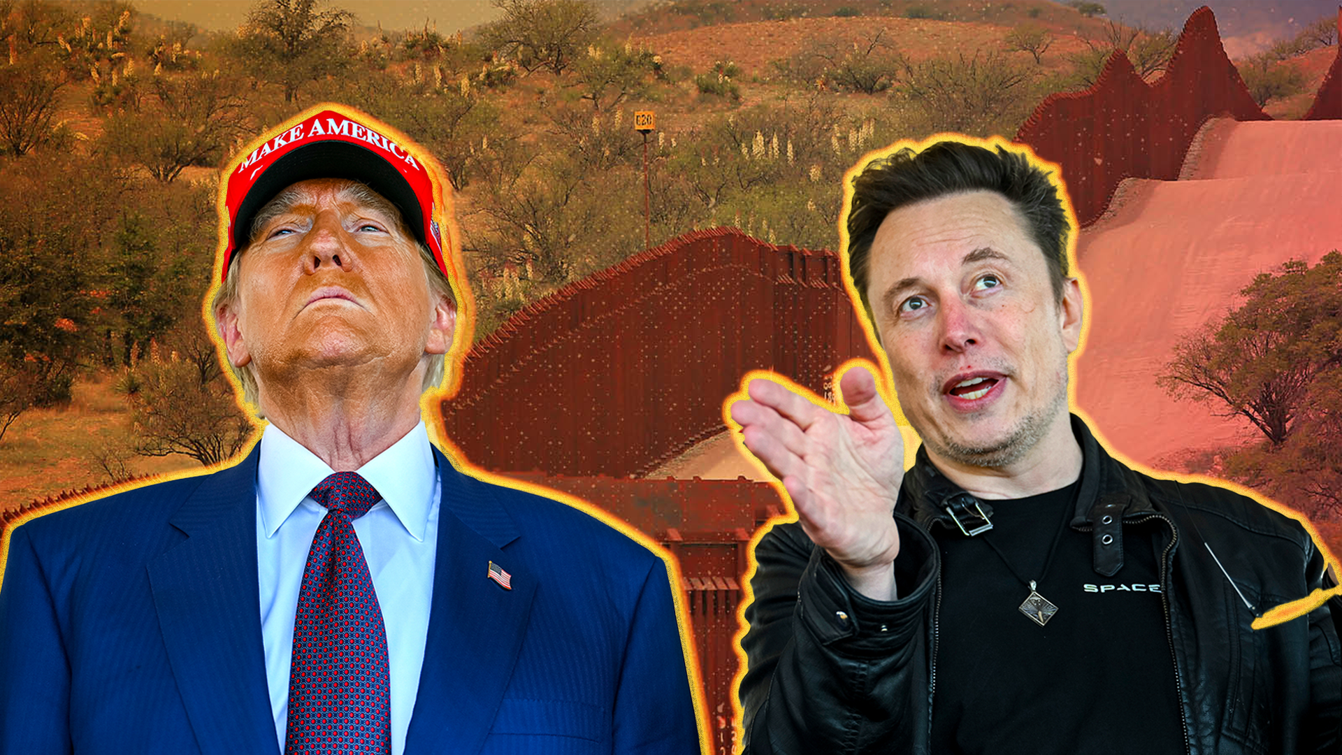 In a composite image, President-elect Donald Trump and Elon Musk are pictured above a U.S. border wall